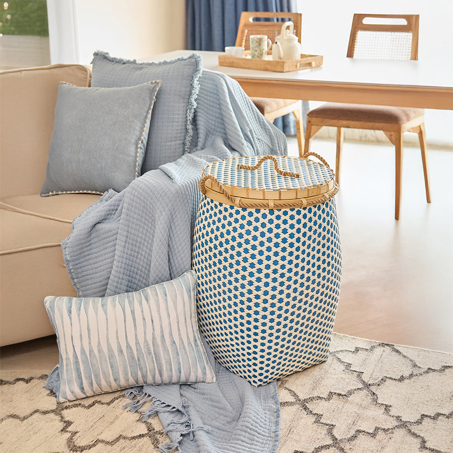 Adana Handwoven Bamboo Basket-Blue & White