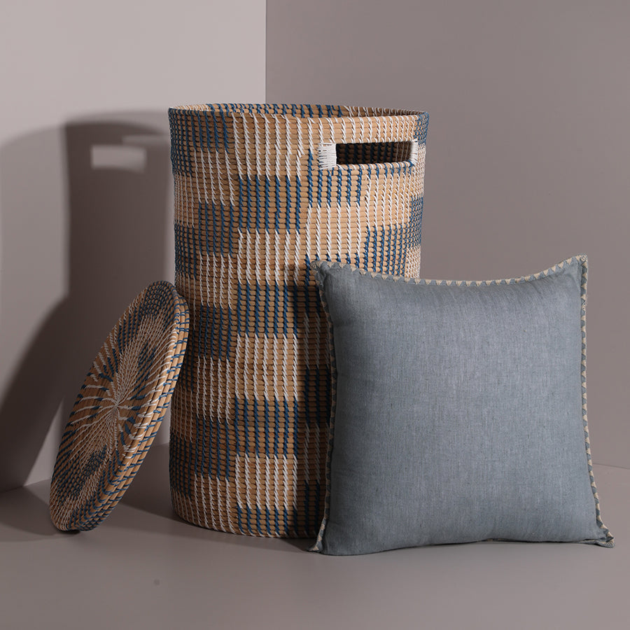 Forli Handwoven Rattan Basket-Blue & White