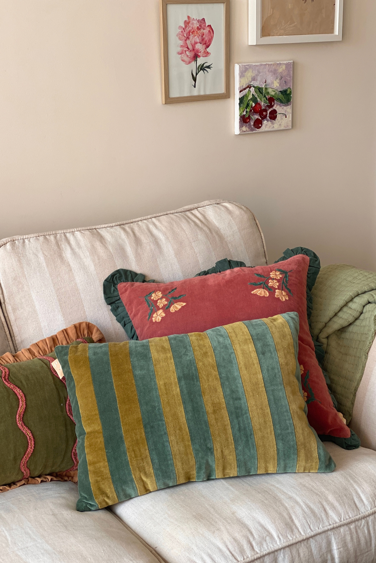 Holly Eucalyptus Velvet Stripe Cushion Cover