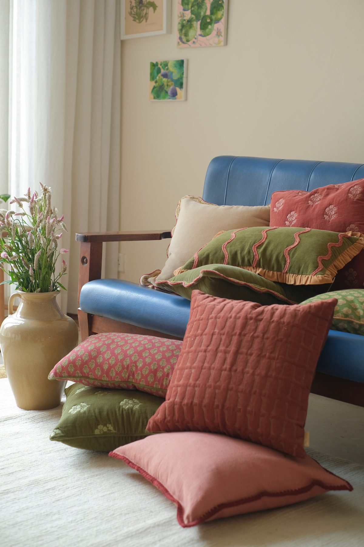 Twig Rhubarb Embroidered Velvet Cushion Cover