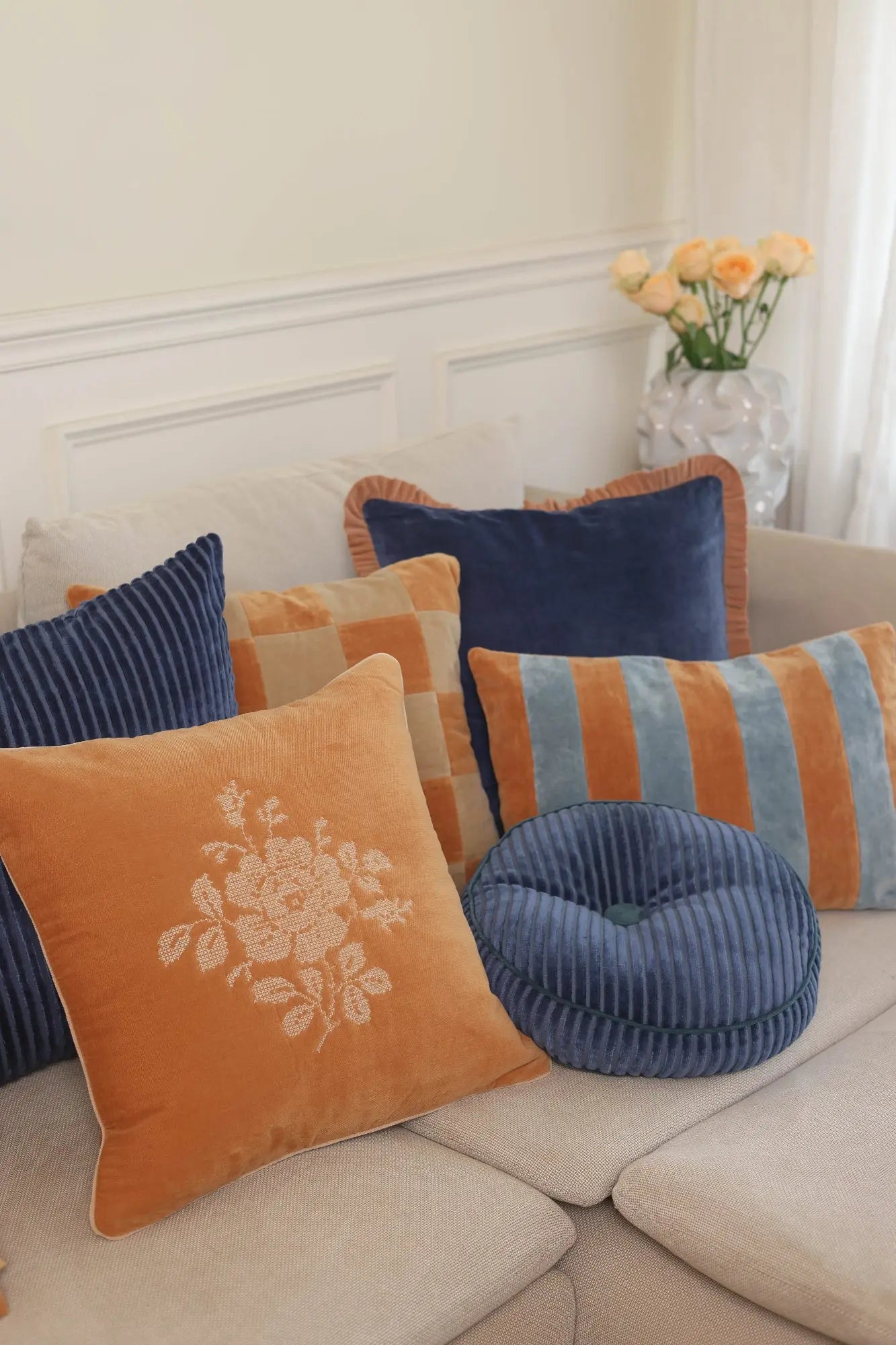 Camellia Melon Cross Stitch Cushion Cover SanctuaryLiving