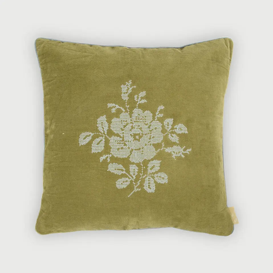 Camellia Olive Cross Stitch Cushion Cover SanctuaryLiving