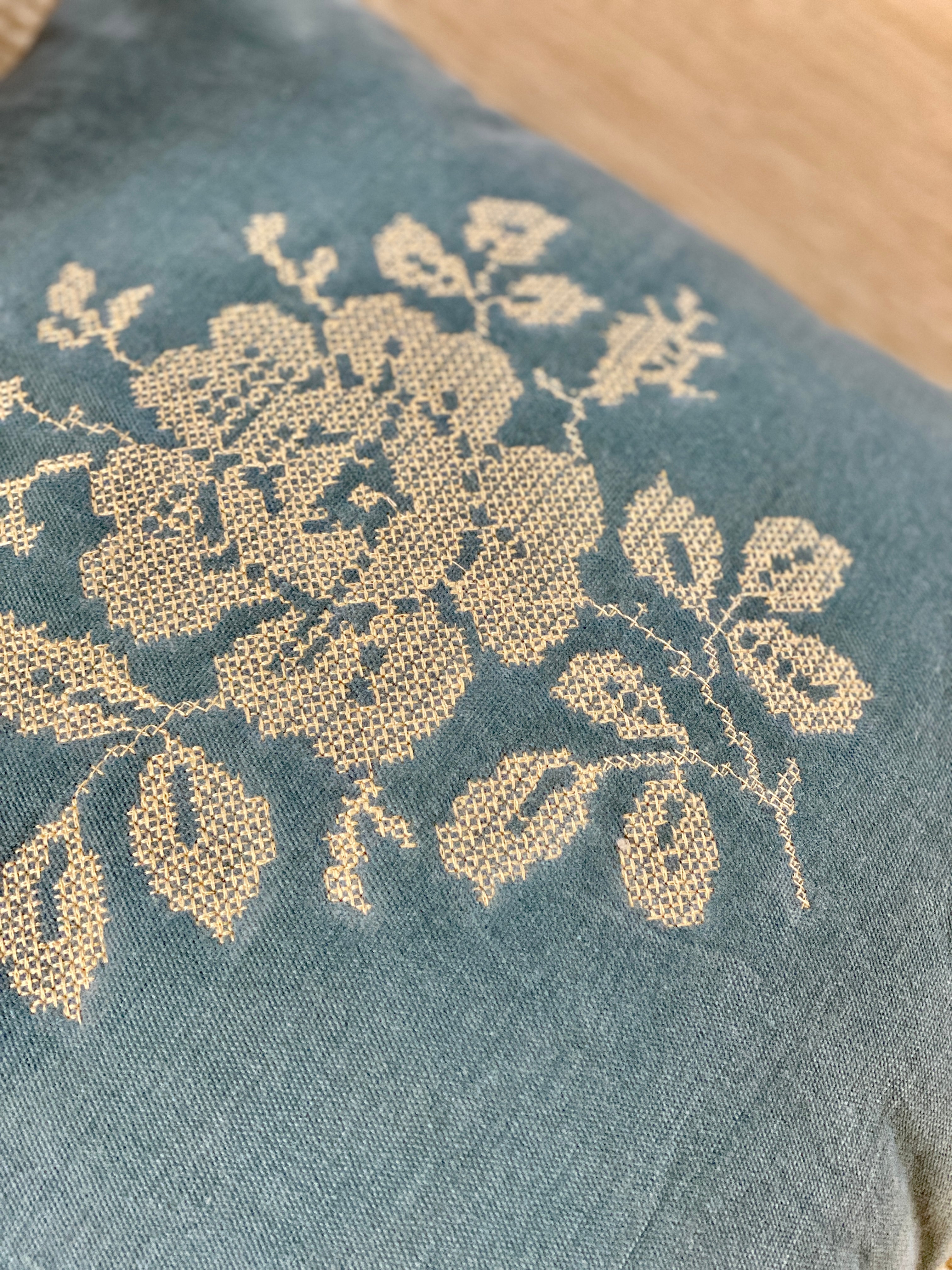 Camellia Teal Cross Stitch Cushion Cover