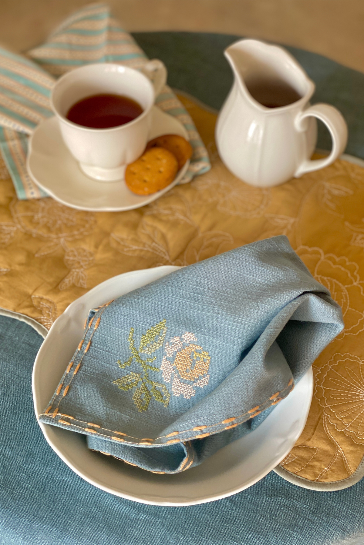 Florette Soft Blue Cross Stitch Napkins-Set of 2