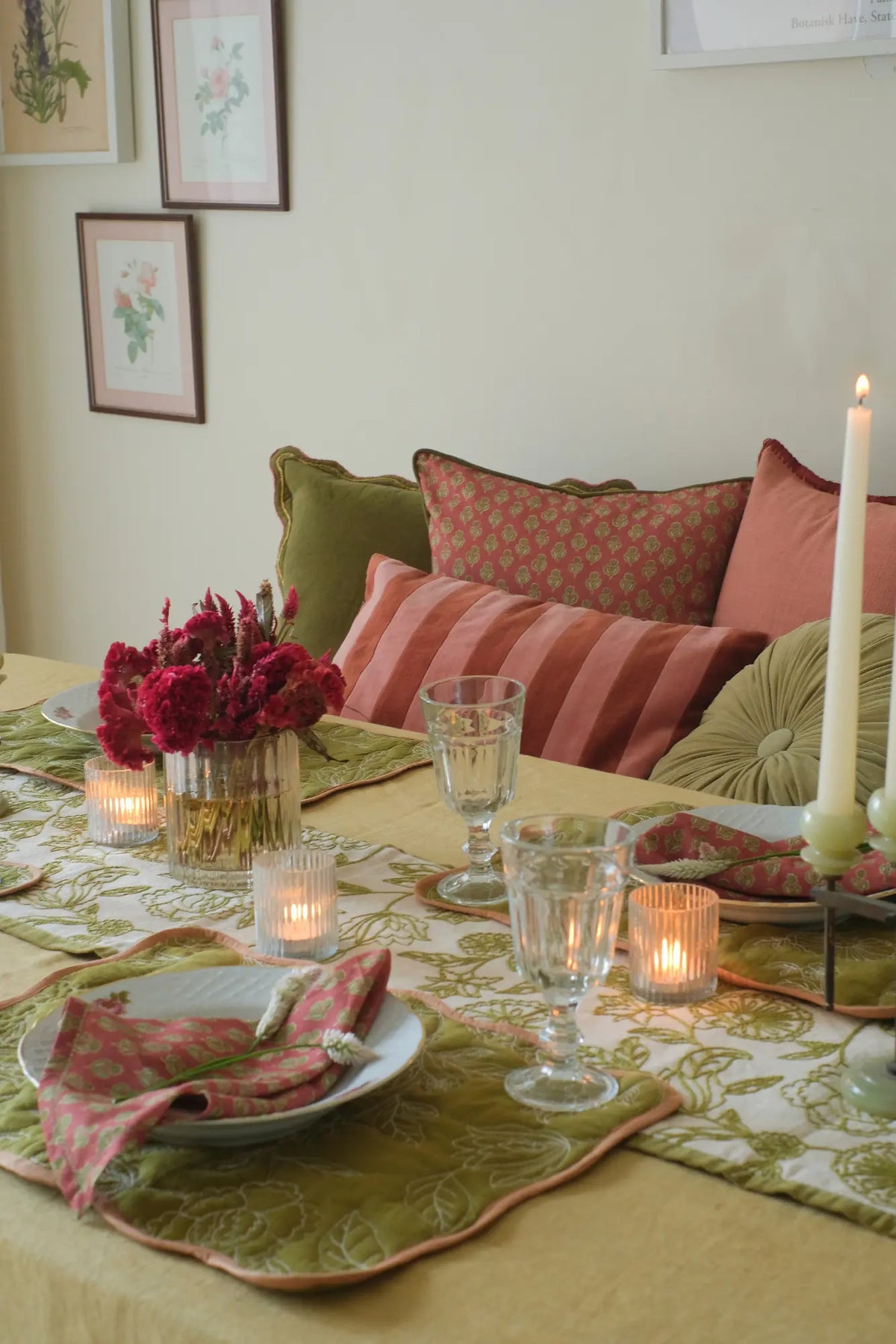 Rosabelle Chintz Olive Scallop Mats-Set of 2 SanctuaryLiving