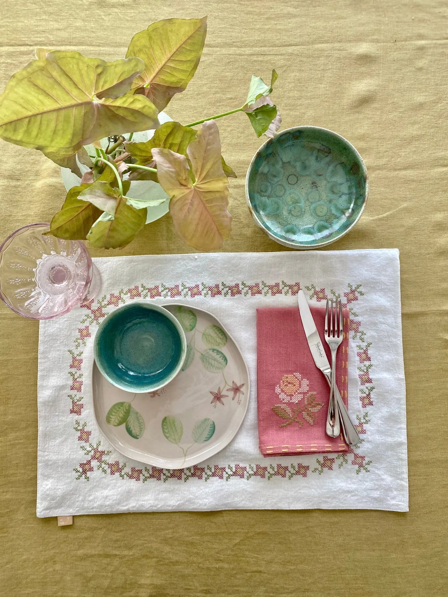 Trellis Raspberry Cross Stitch Table Mats-Set of 2 SanctuaryLiving