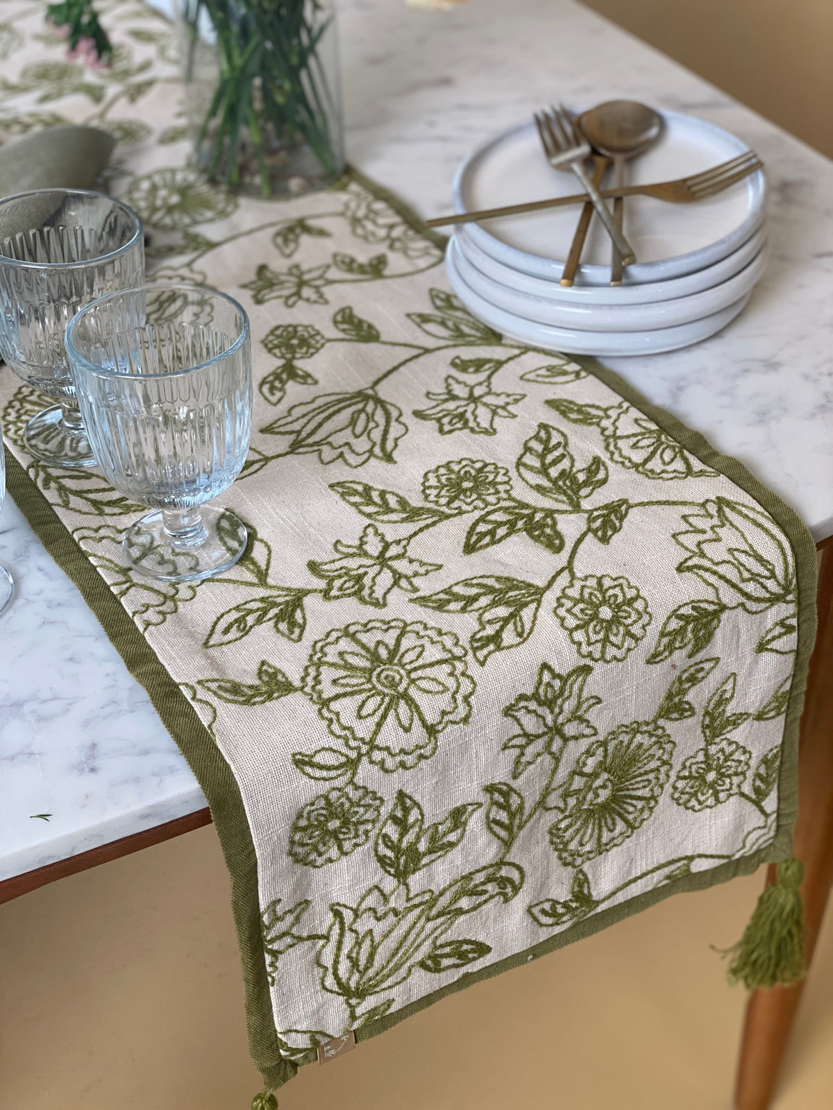 Rosabelle Chintz Olive Table Runner