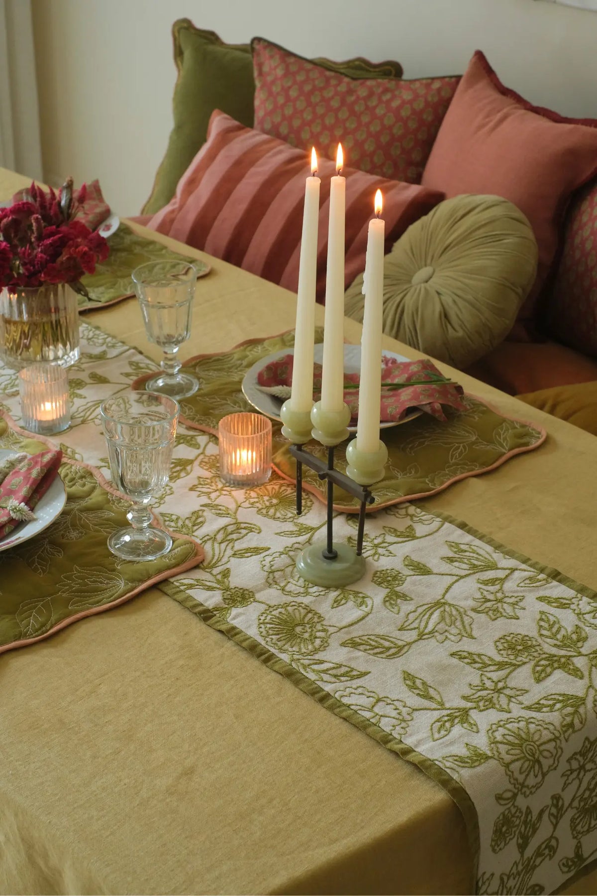 Rosabelle Chintz Olive Table Runner SanctuaryLiving