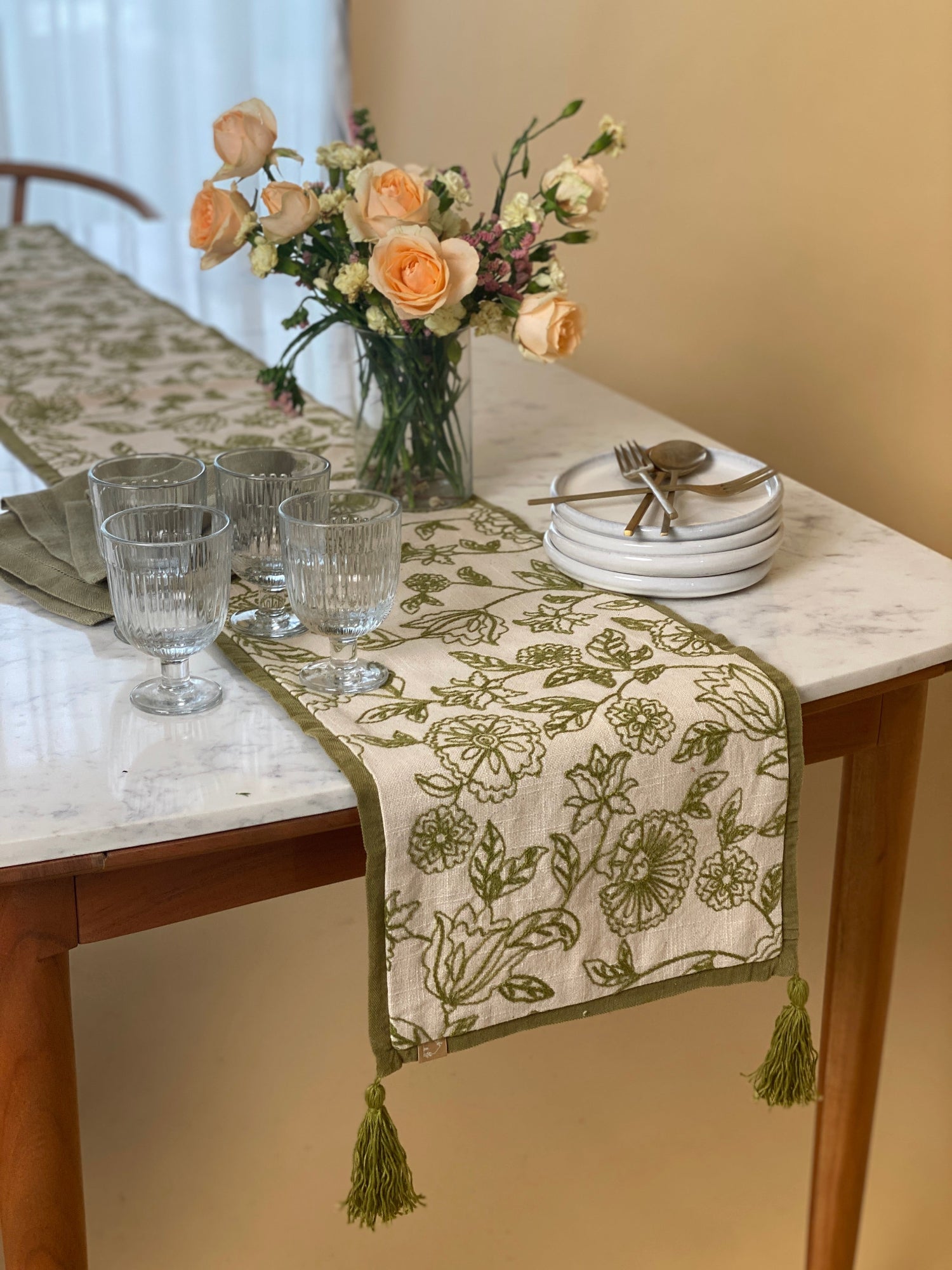 Rosabelle Chintz Olive Table Runner