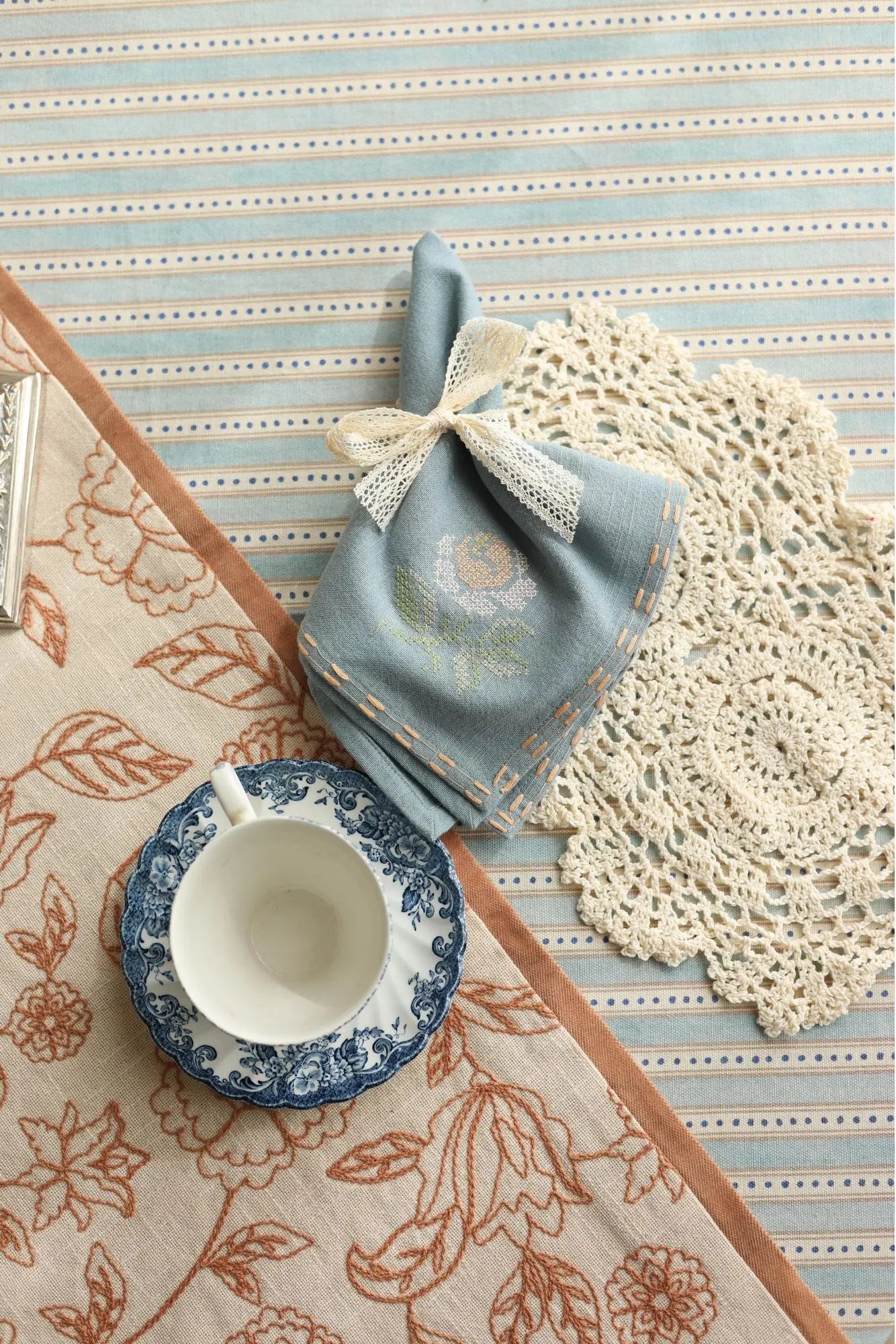 Florette Soft Blue Cross Stitch Napkins-Set of 2