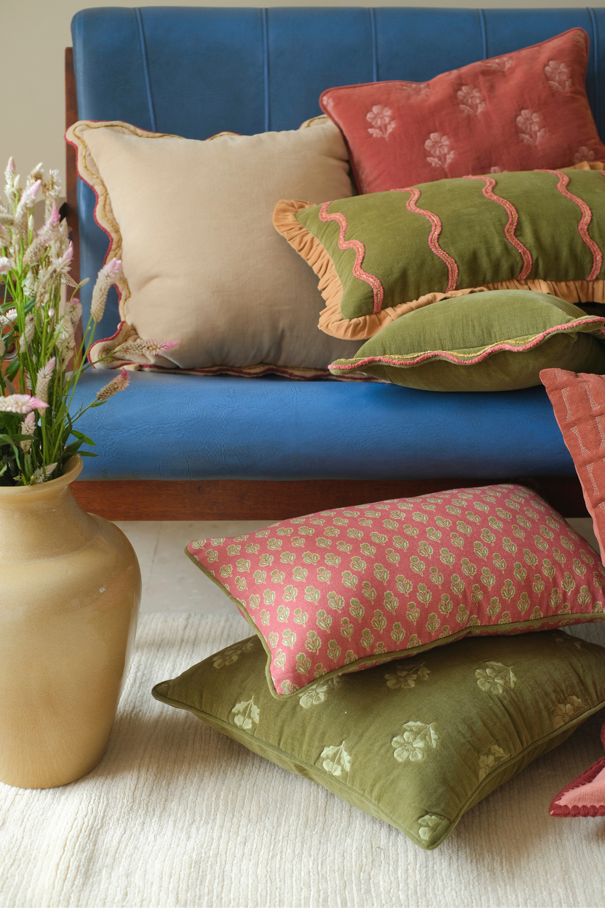 Viola Carmine Cotton Oblong Cushion Cover