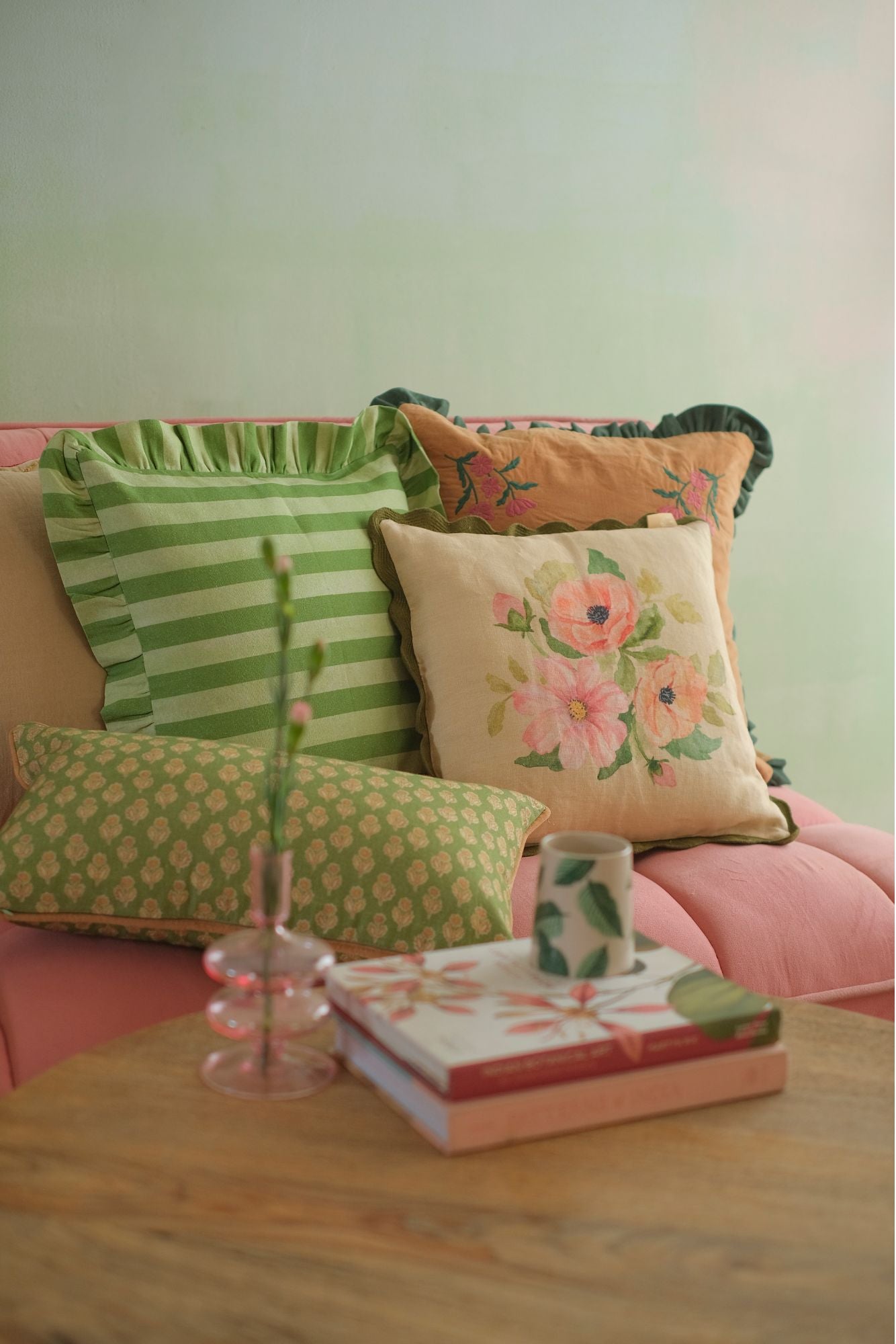 Linea Ruffle Forest Green Cotton Cushion Cover