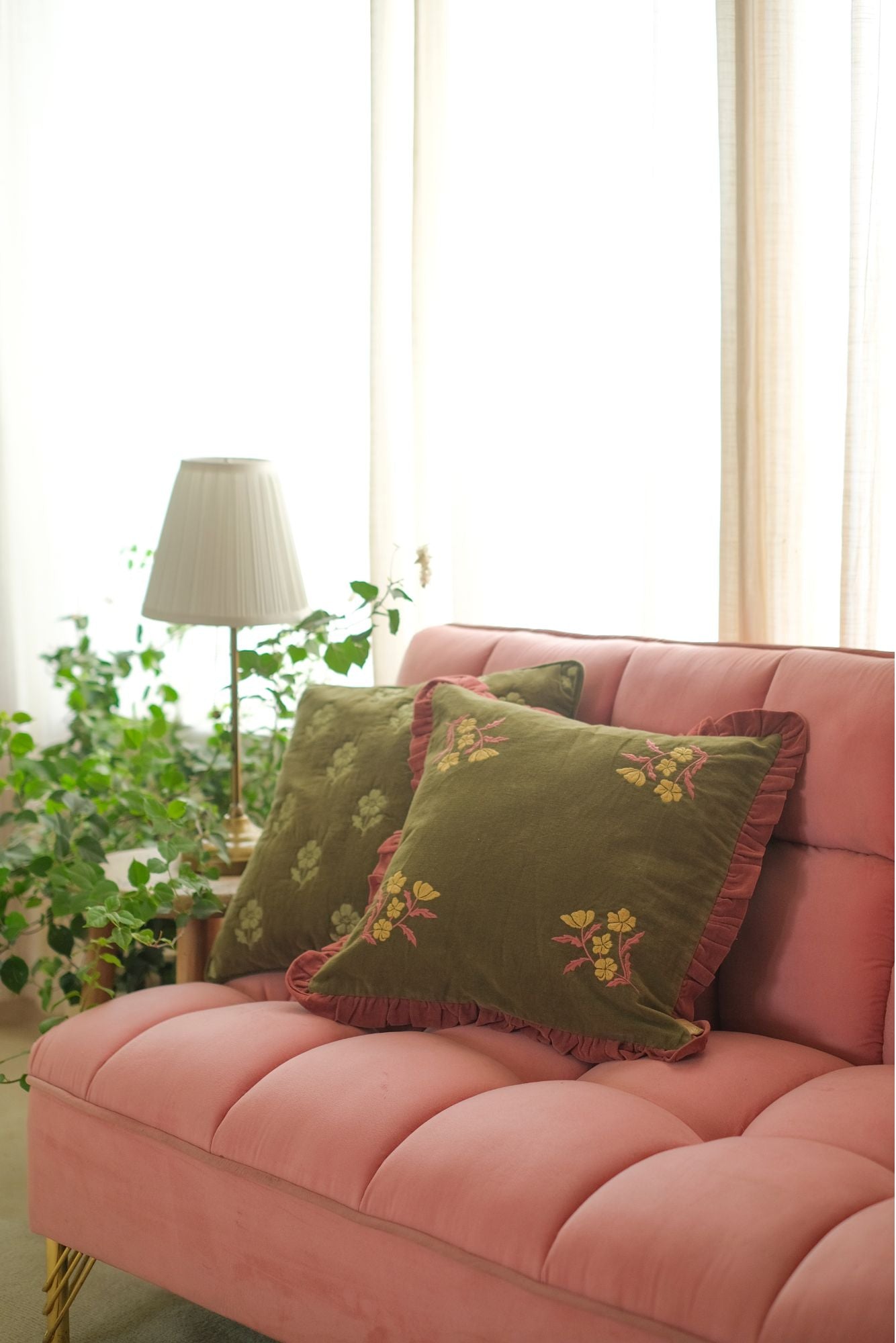 Sienna Forest Green Embroidered Velvet Cushion Cover