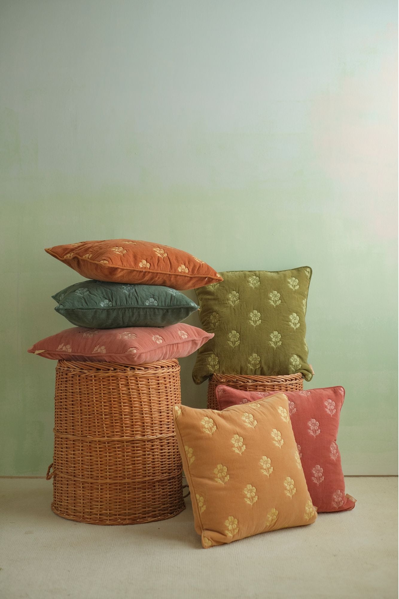 Lucia Eucalyptus Embroidered Velvet Cushion Cover