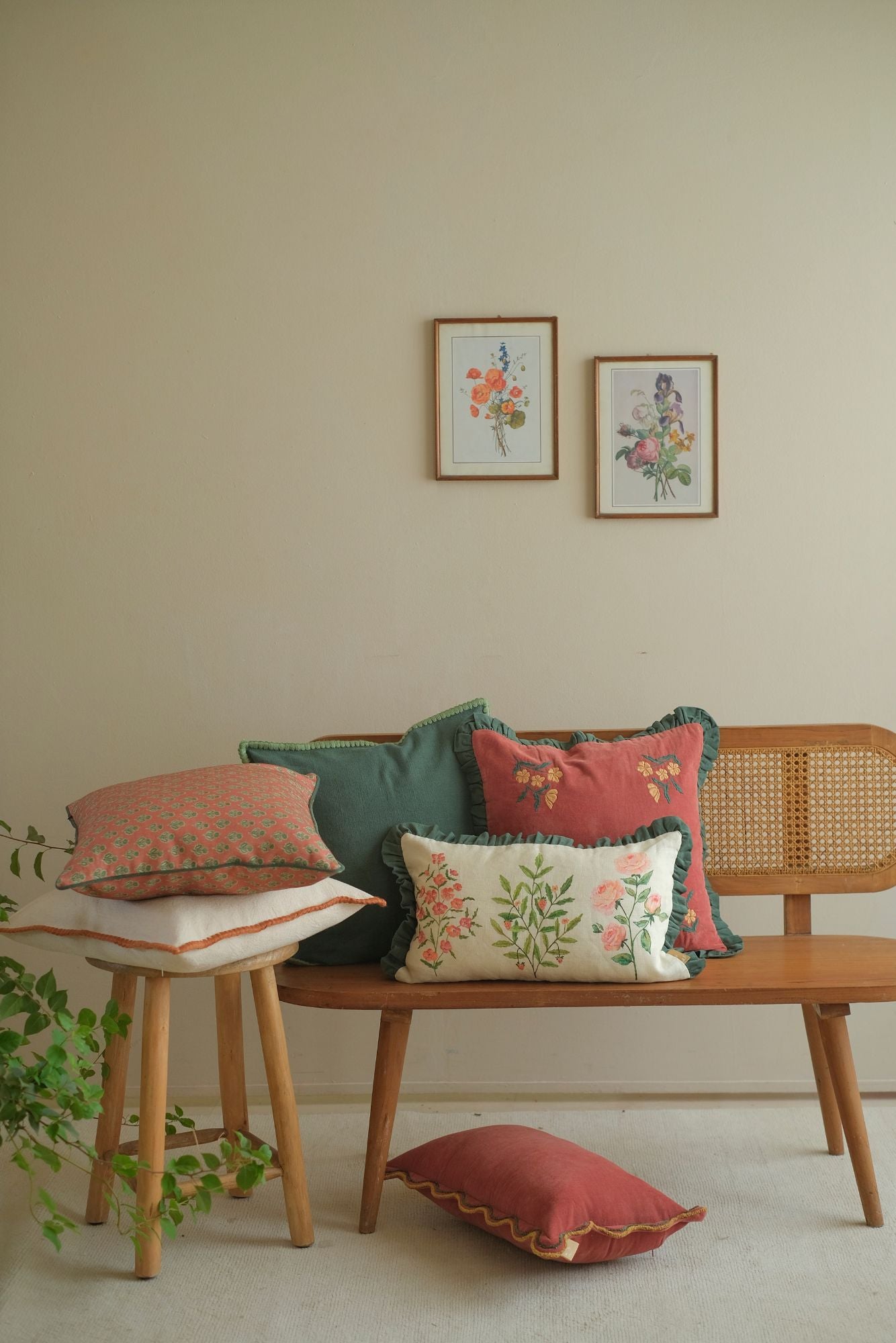 Aurora Scallop Carmine Embroidered Oblong Cushion Cover