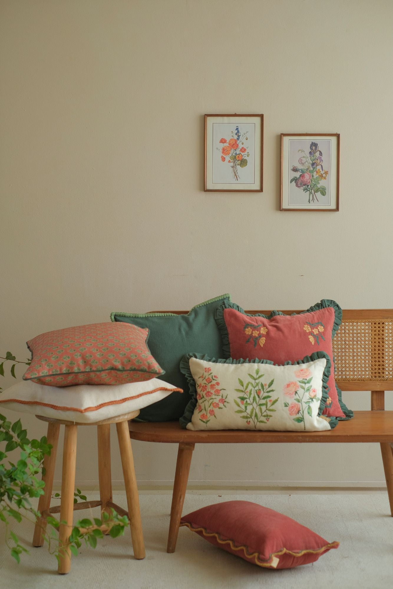 Aurora Scallop Carmine Embroidered Oblong Cushion Cover