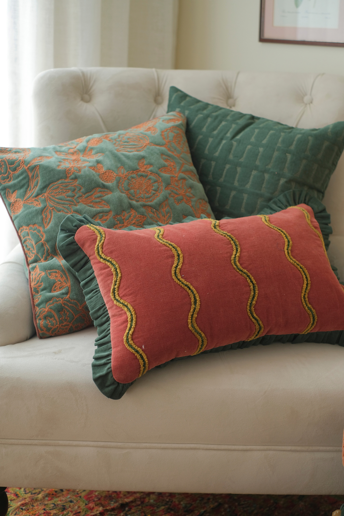 Aria Ruffle Carmine Embroidered Oblong Cushion Cover