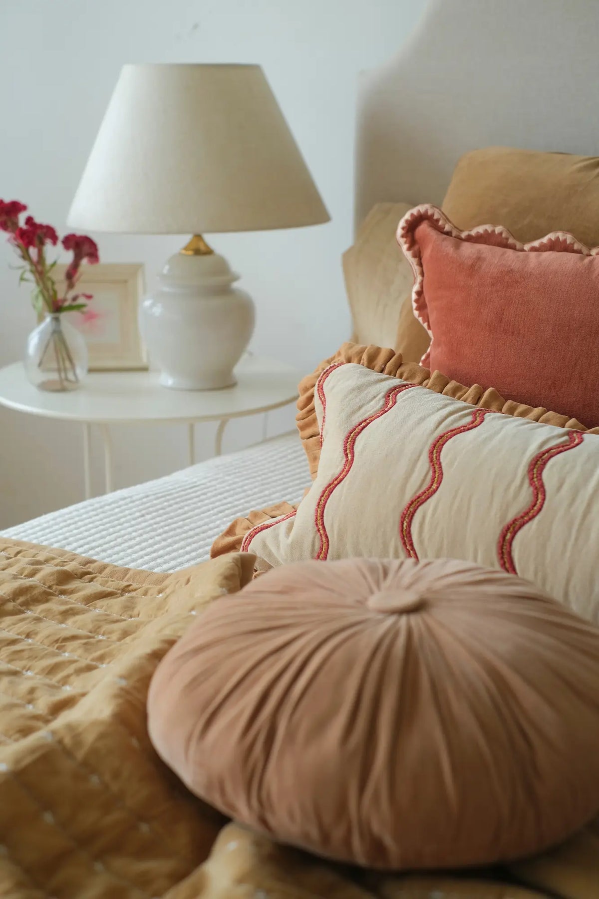 Aria Ruffle Oatmeal Embroidered Lumbar Cushion Cover SanctuaryLiving