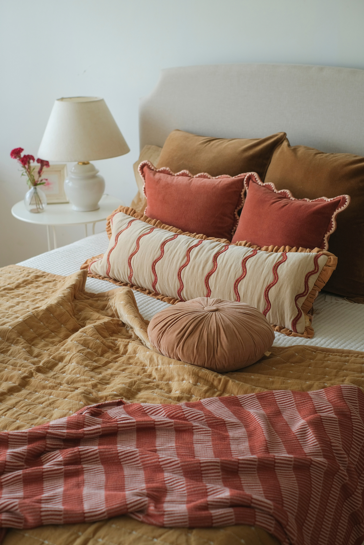 Aria Ruffle Oatmeal Embroidered Lumbar Cushion Cover