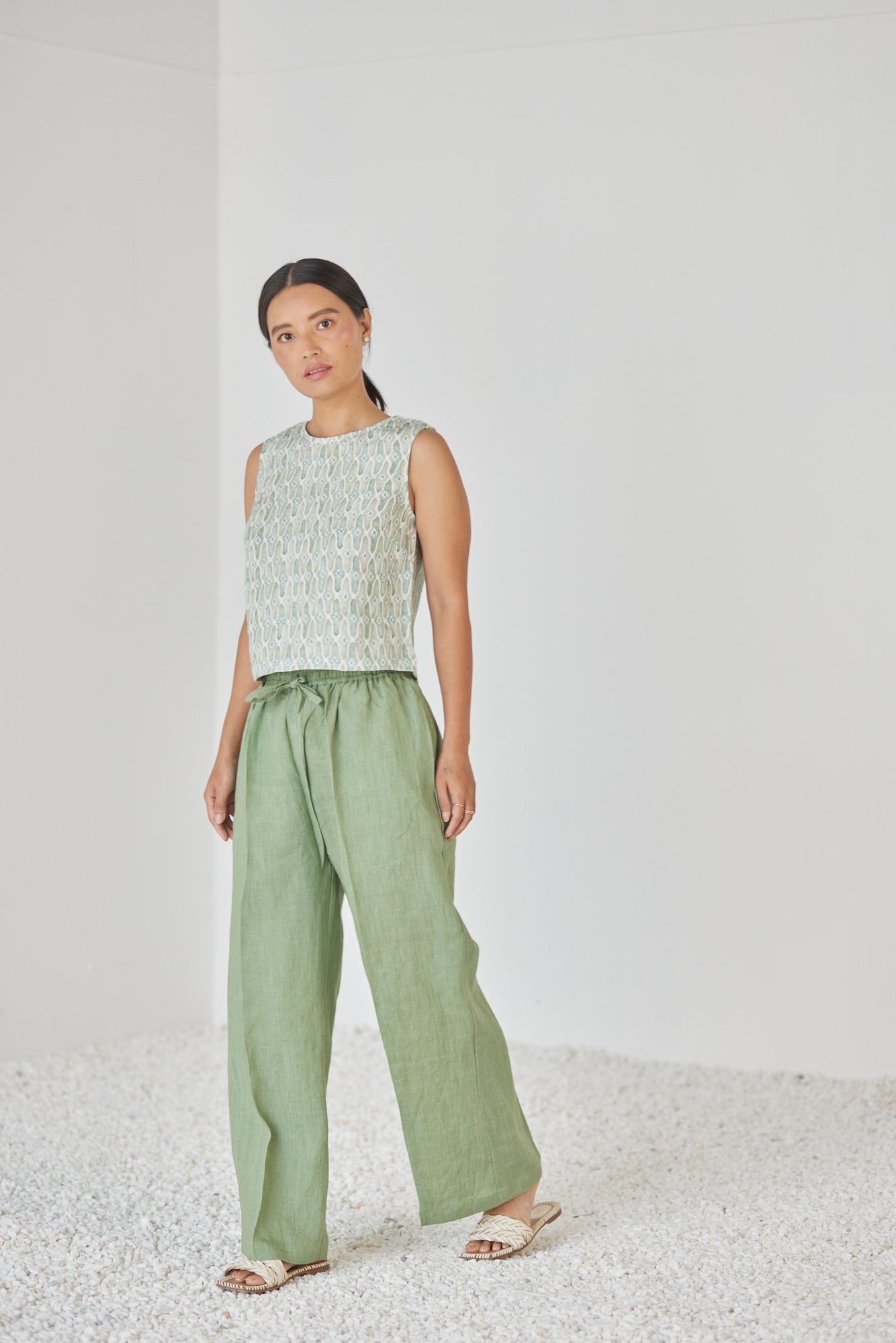 Sakura Mosaic Green Boatneck Top