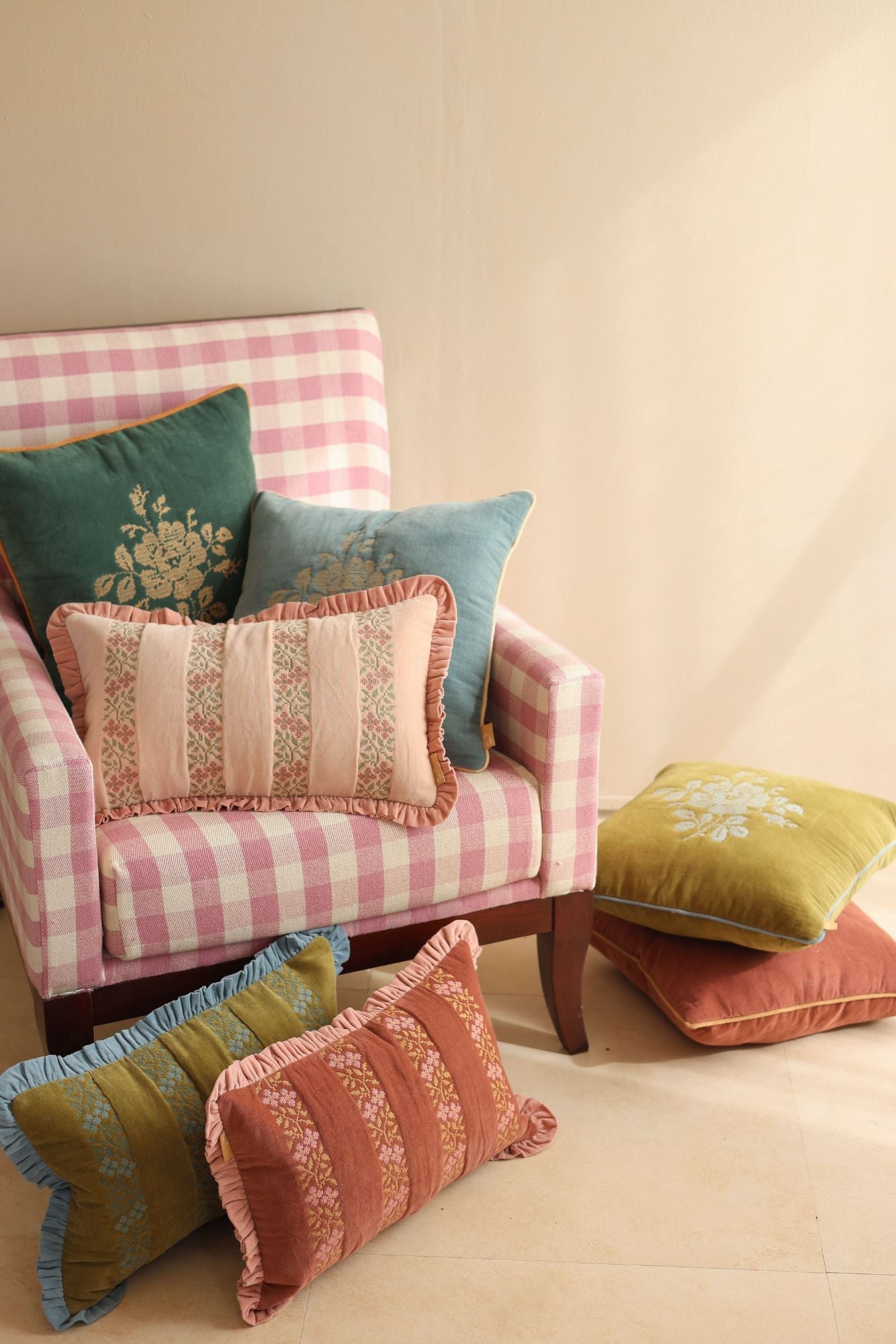 Heather Baby Pink Cross Stitch Oblong Cushion Cover SanctuaryLiving