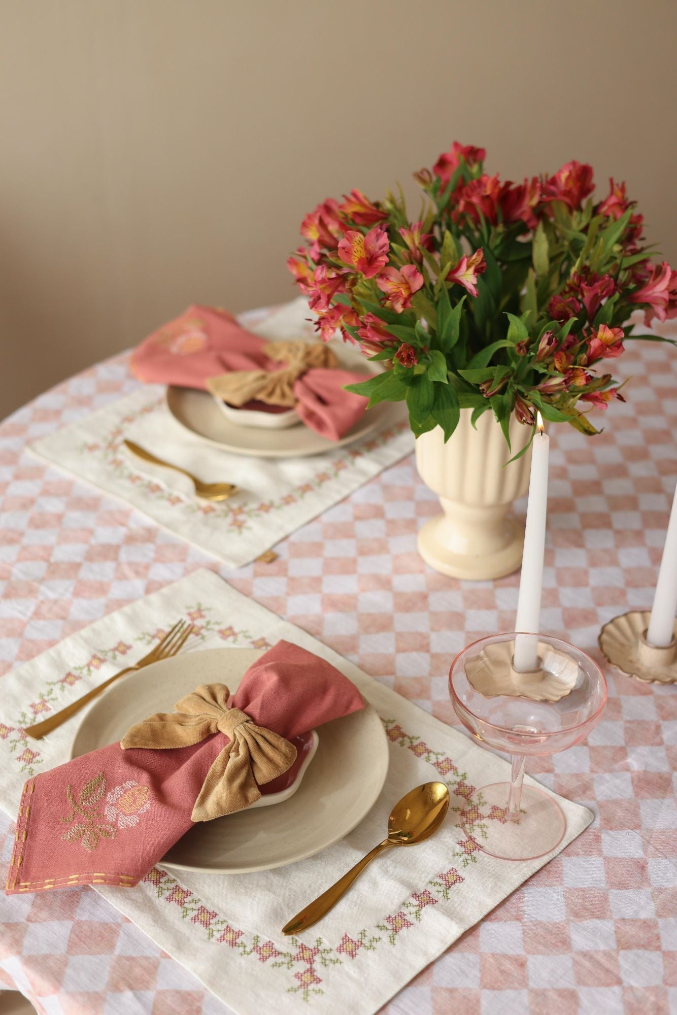 Checker Blush Linen Table Cover SanctuaryLiving