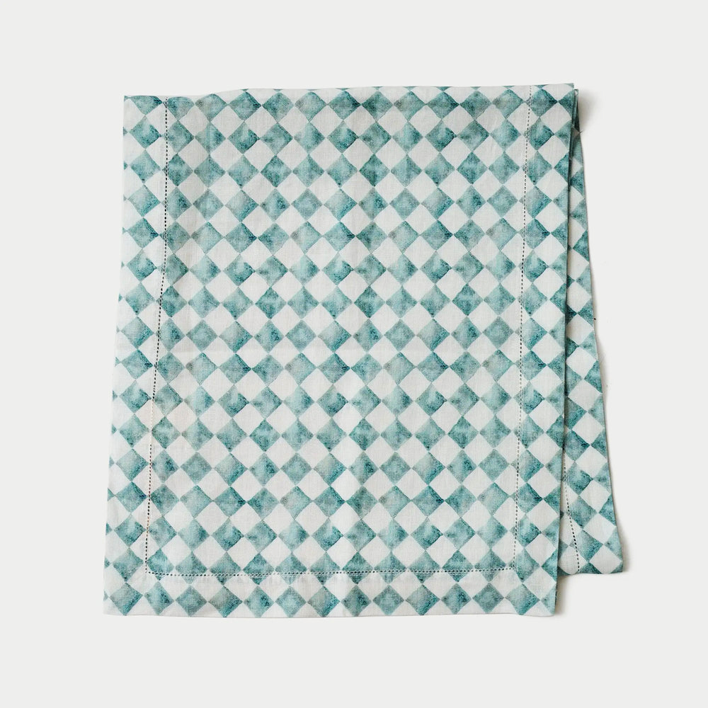 Checker Blue Linen Table Runner