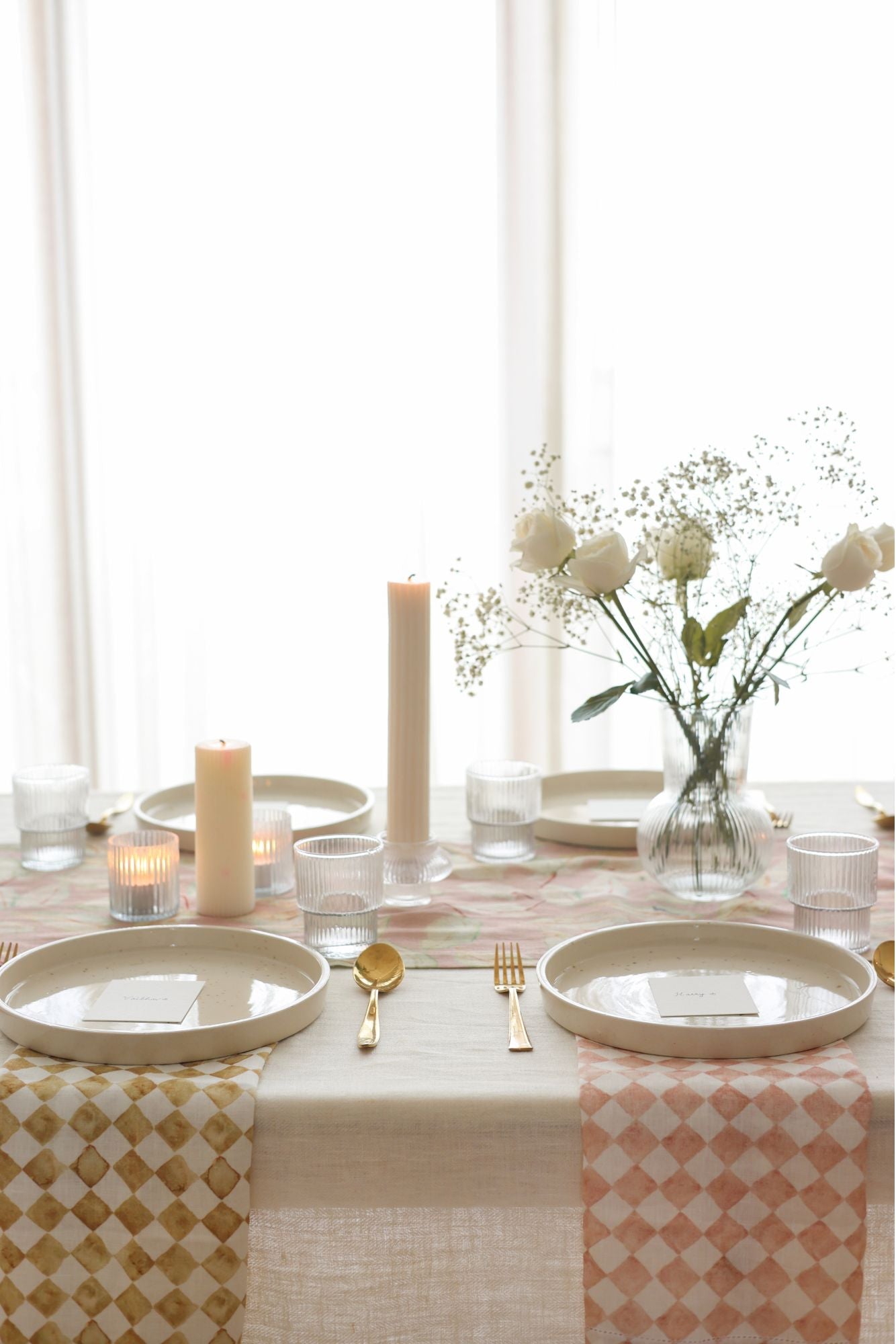 Checker Ochre Linen Table Runner