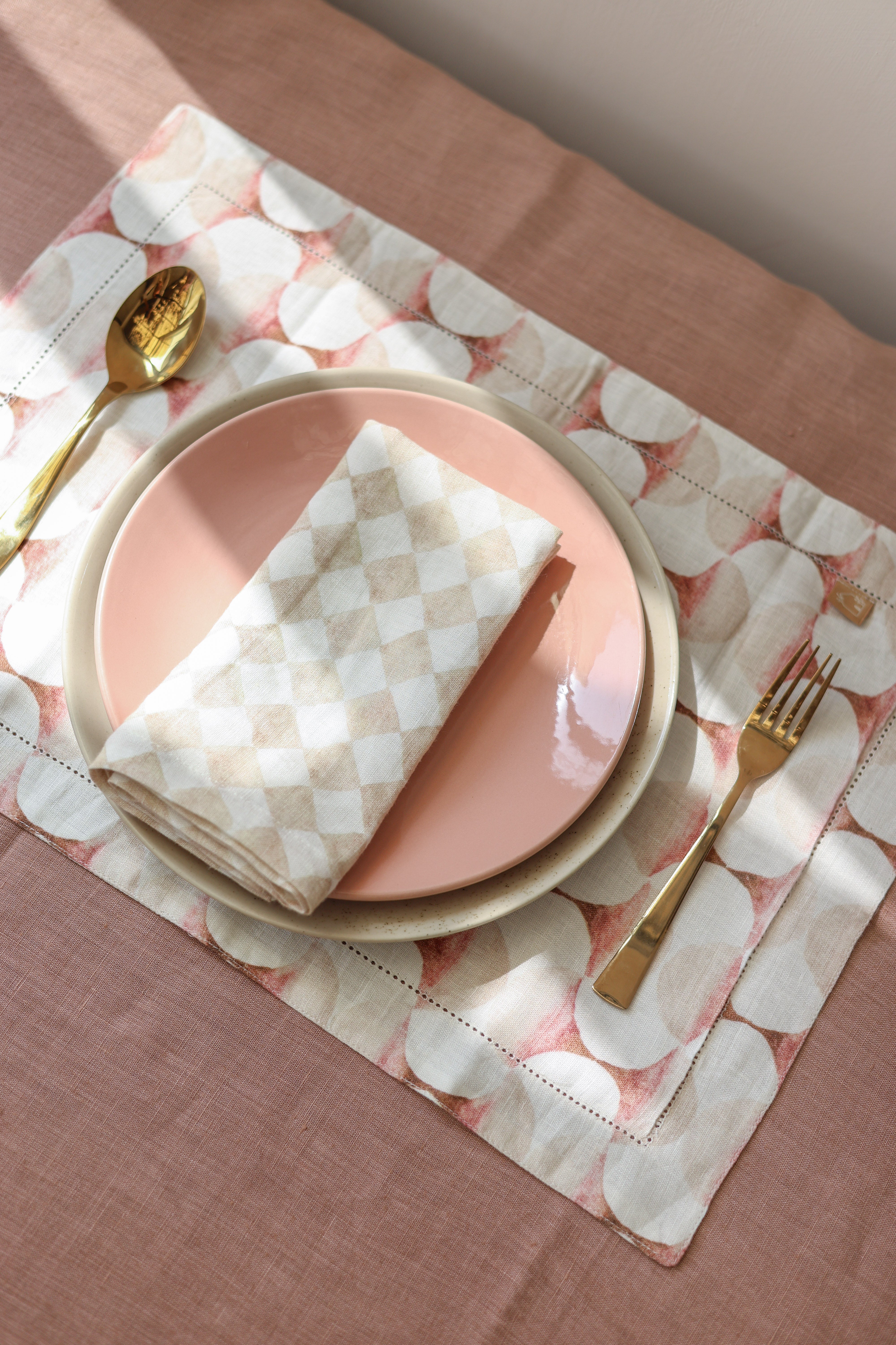 Checker Beige Linen Table Napkins-Set of 2