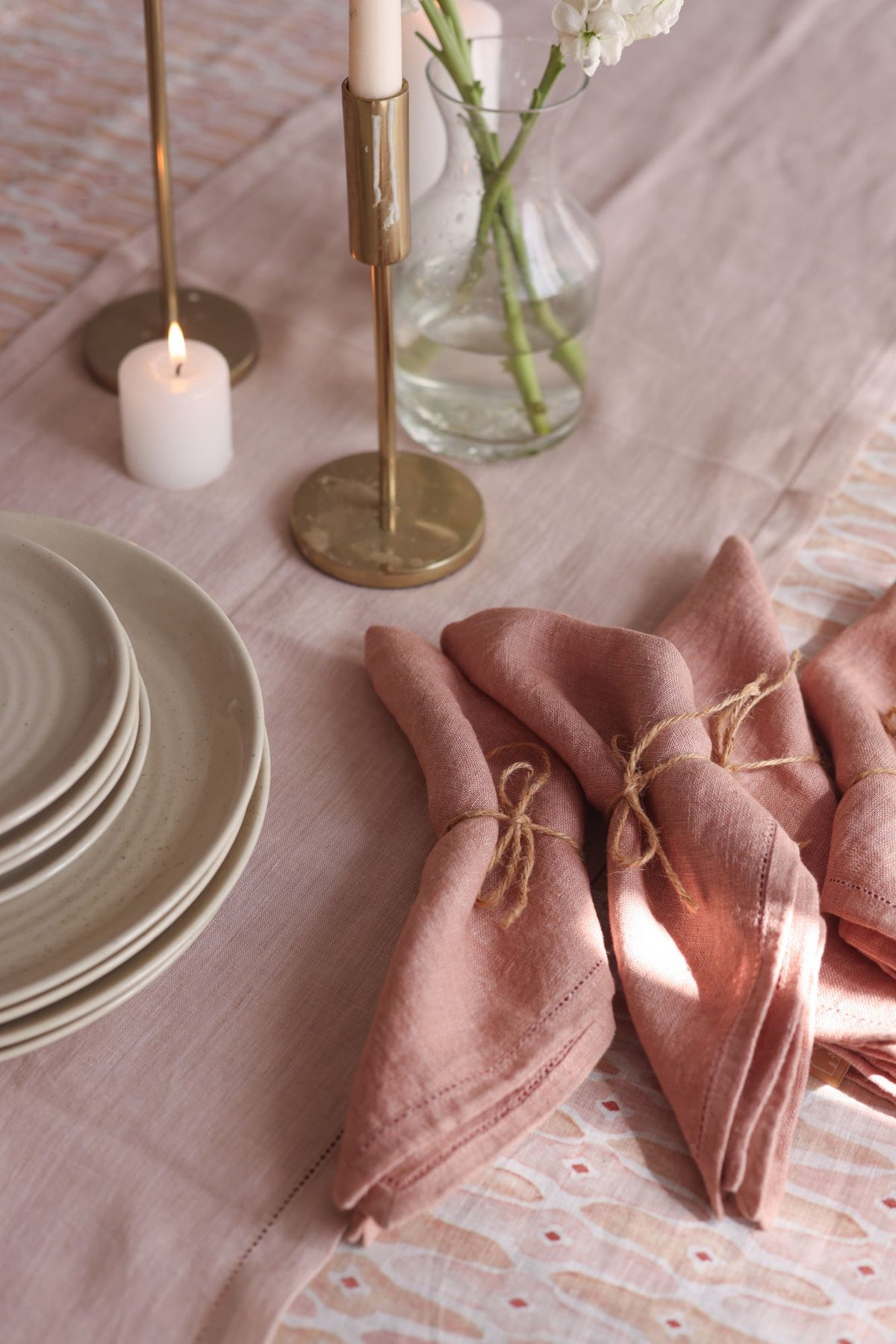 Blush Herringbone Linen Table Runner