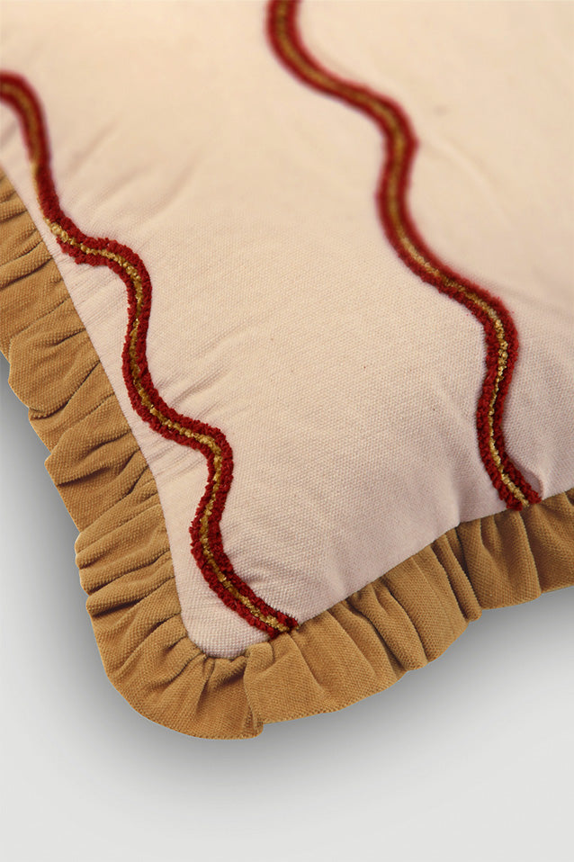 Aria Ruffle Oatmeal Embroidered Lumbar Cushion Cover