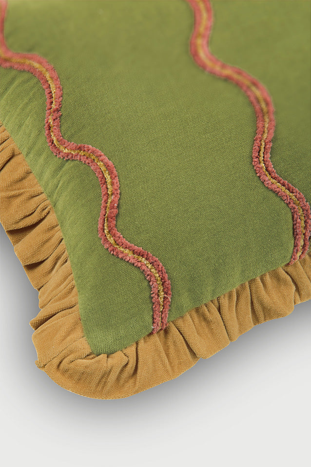 Aria Ruffle Forest Green Embroidered Oblong Cushion Cover