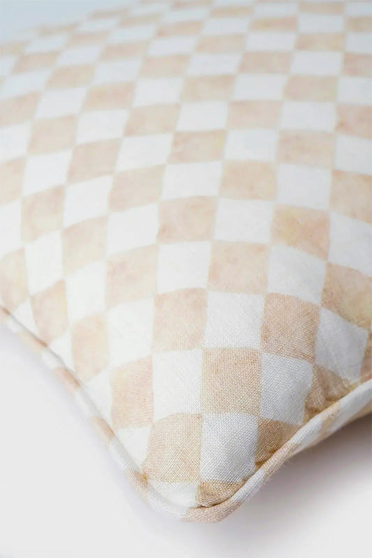Checker Beige Linen Lumbar Cushion Cover