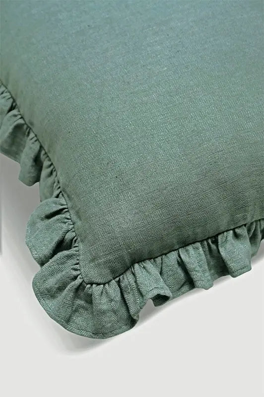 Linen Ruffle Teal Pillow Cover