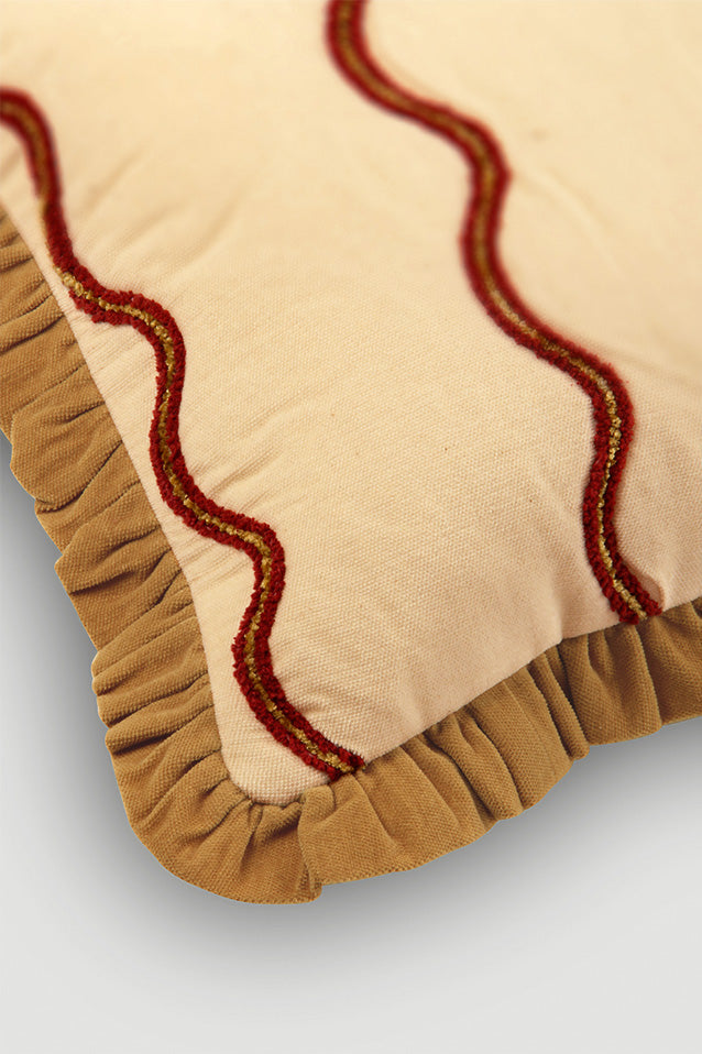 Aria Ruffle Oatmeal Embroidered Lumbar Cushion Cover