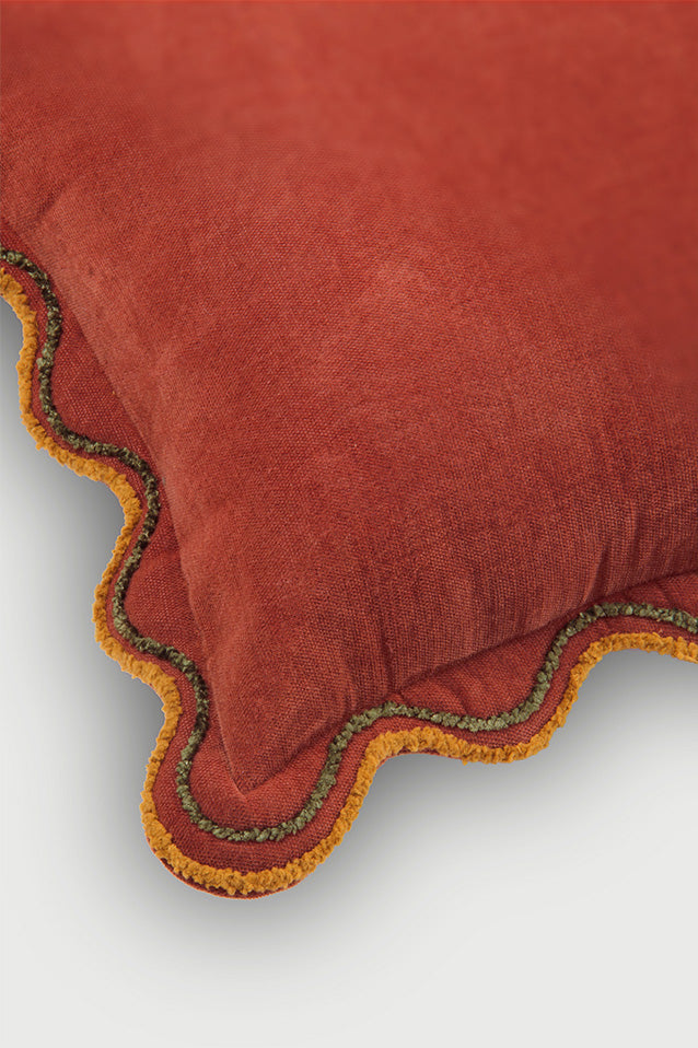 Aurora Scallop Carmine Embroidered Oblong Cushion Cover