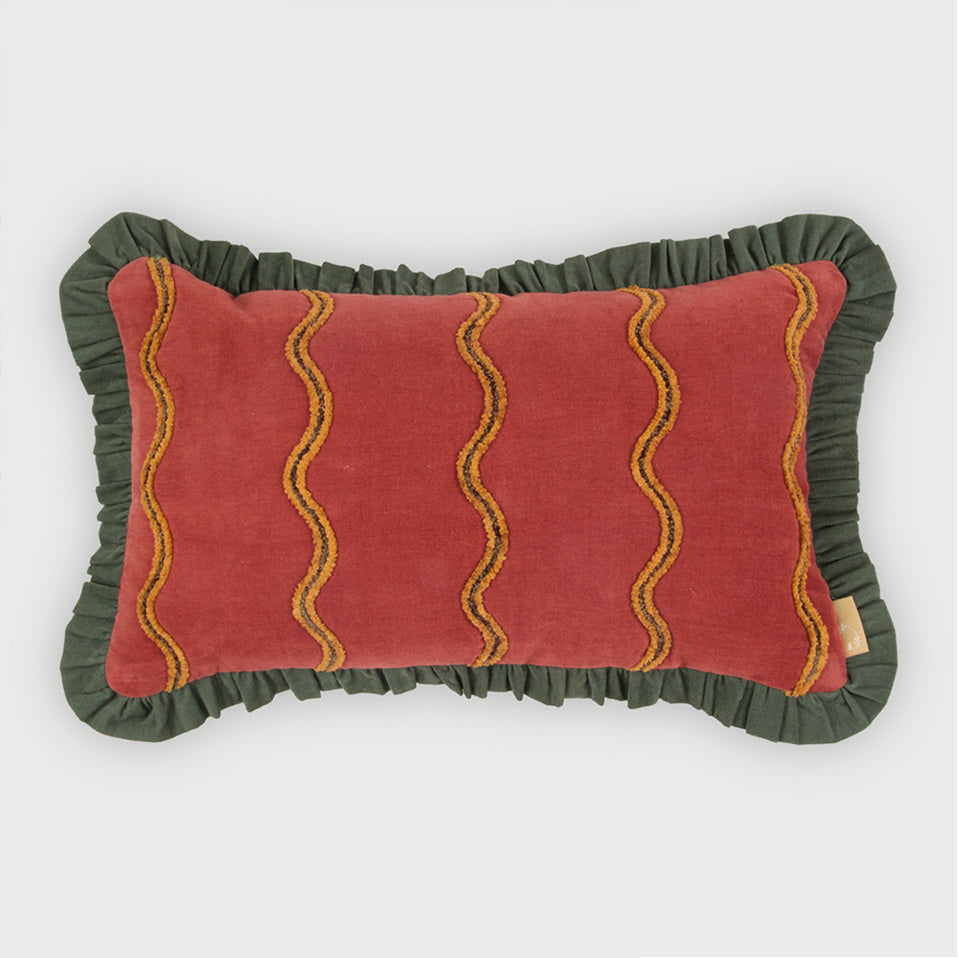 Aria Ruffle Carmine Embroidered Oblong Cushion Cover