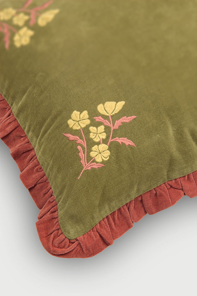 Sienna Forest Green Embroidered Velvet Cushion Cover