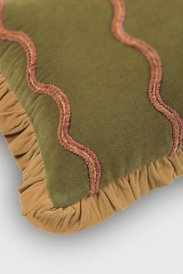 Aria Ruffle Forest Green Embroidered Oblong Cushion Cover