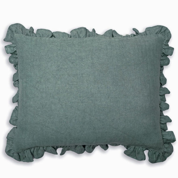 Linen Ruffle Teal Pillow Cover