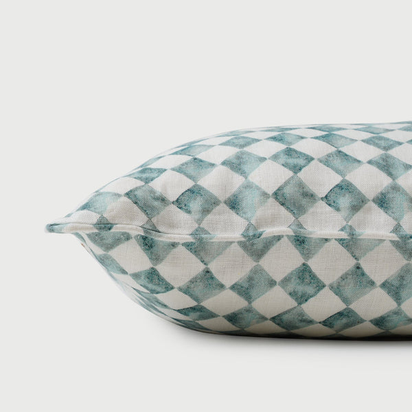 Checker Blue Lumbar Linen Cushion Cover