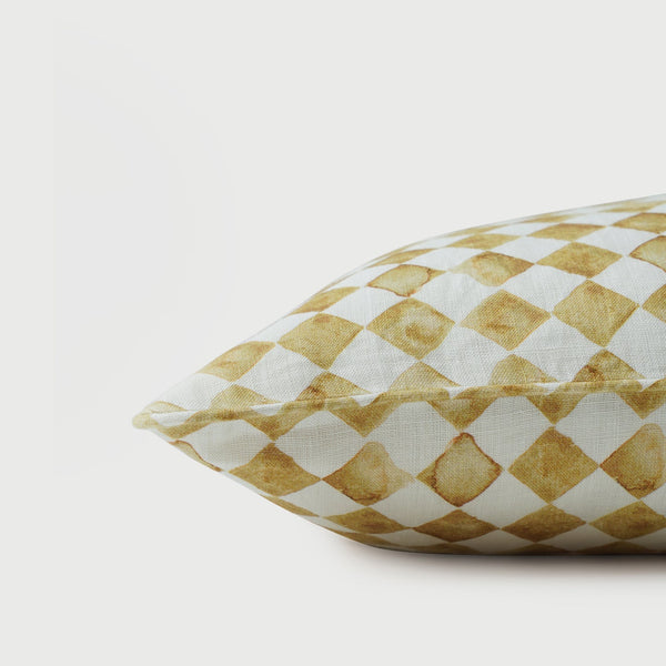 Checker Ochre Linen Lumbar Cushion Cover - Ochre