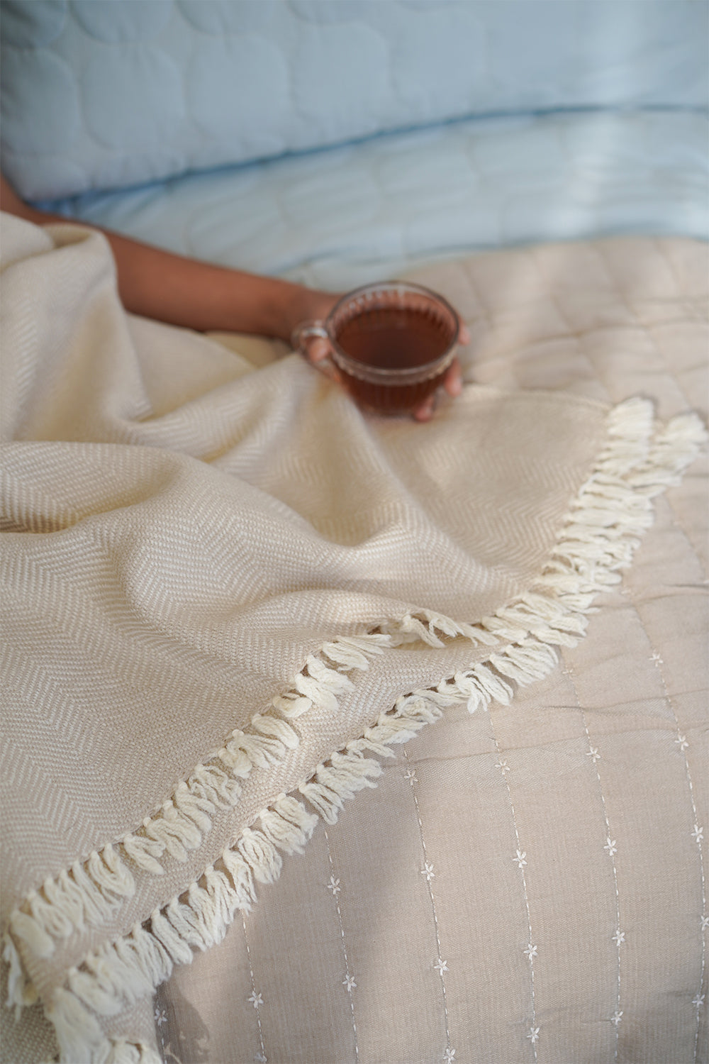 Herringbone Beige Marino Wool Throw