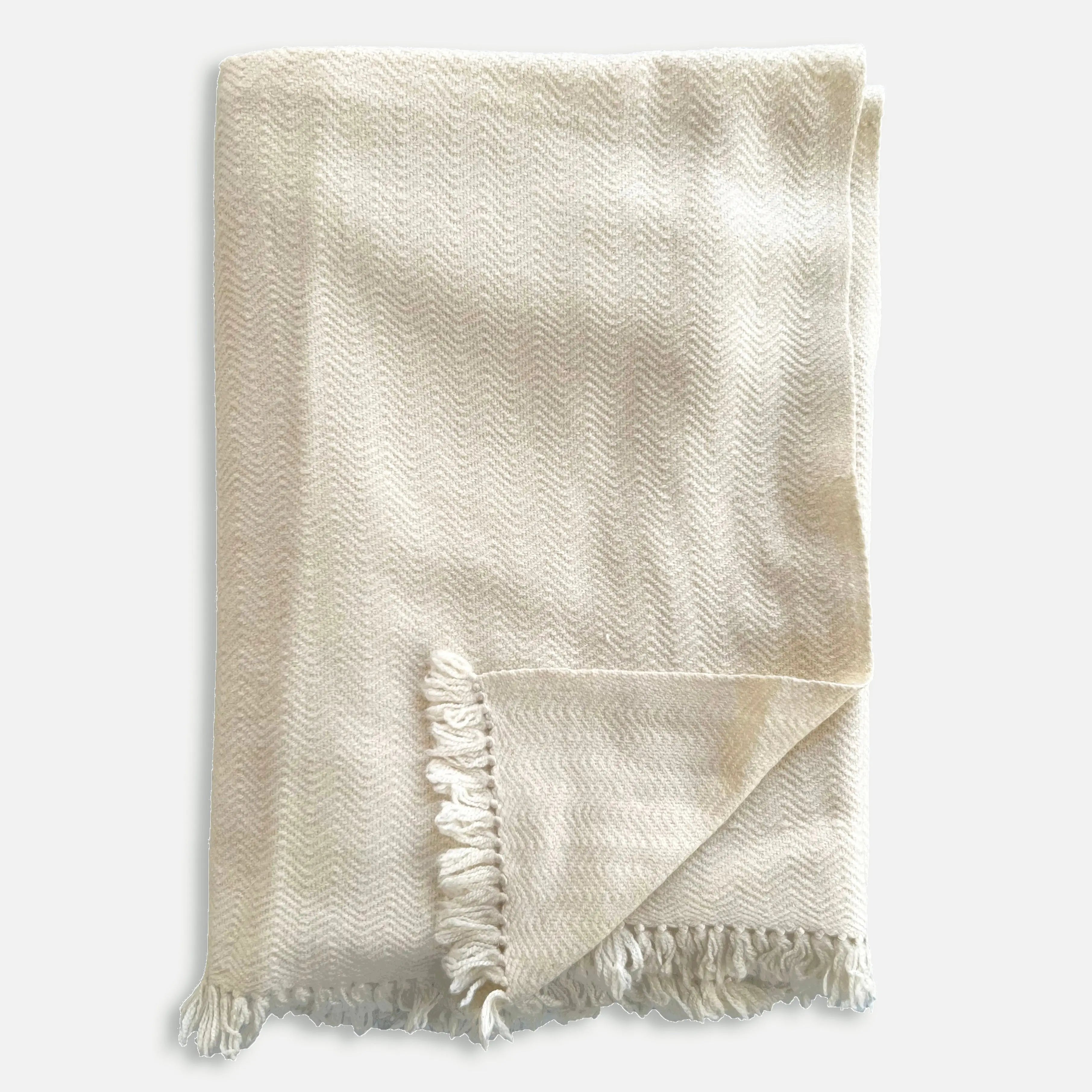 Herringbone Ivory Marino Wool Throw SanctuaryLiving