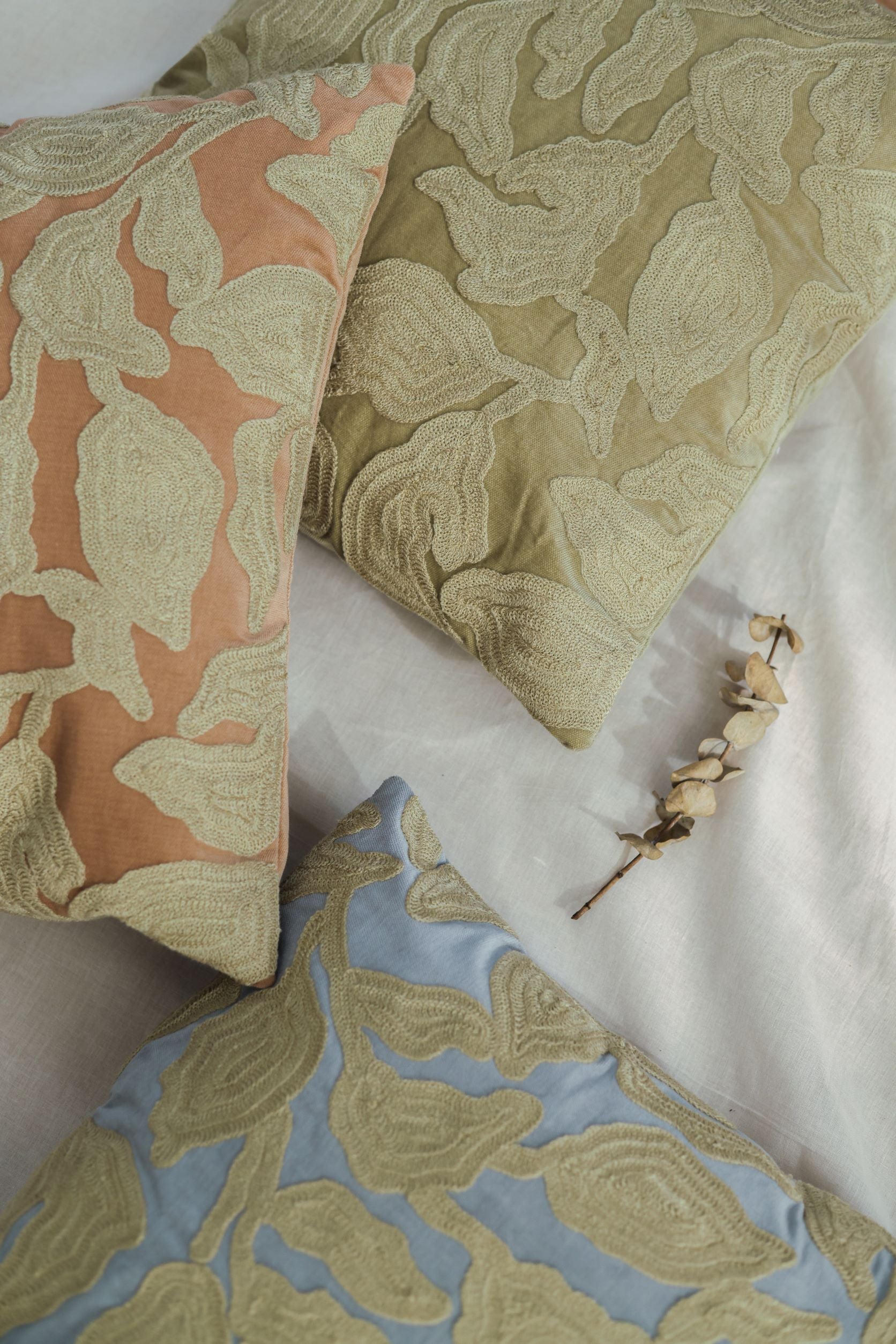 Cascade Embroidered Fern Velvet Cushion Cover