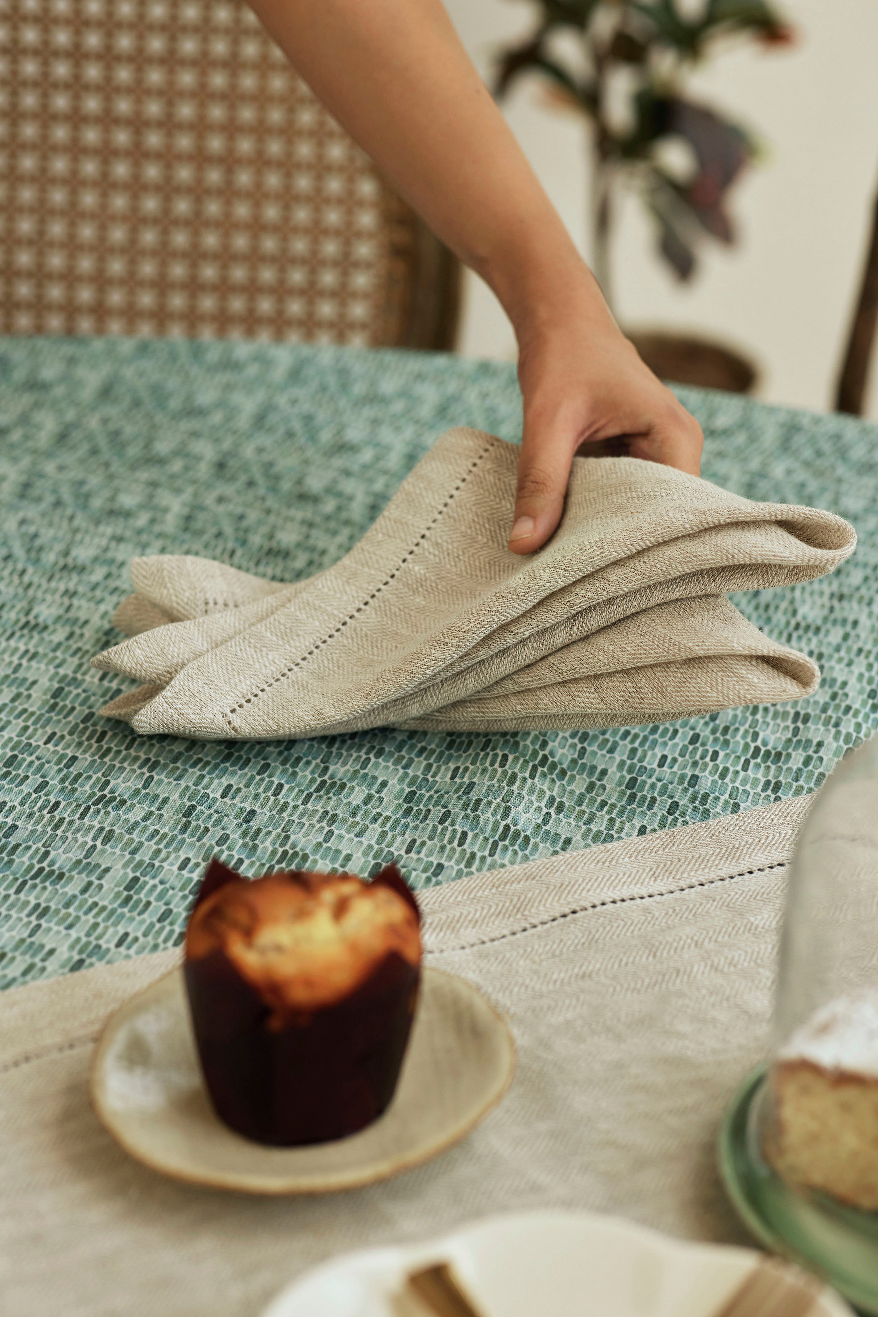 Linen Herringbone Oatmeal Table Napkins | Set of 2